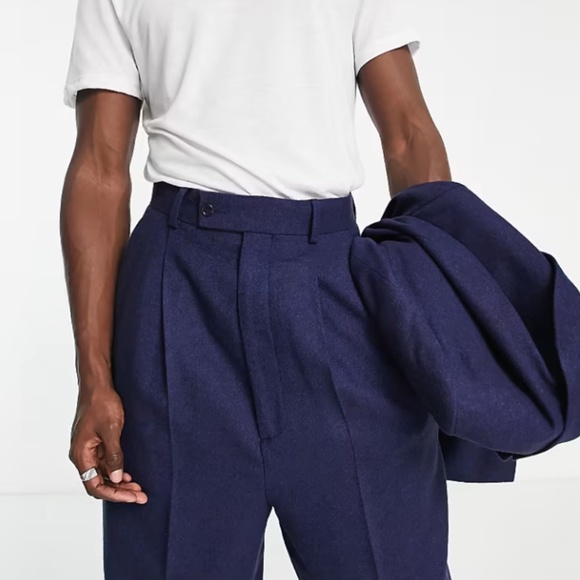 ASOS DESIGN High Waisted Baloon Wool Mix Twill Suit Pant size 31x32 in Navy - Picture 4 of 8